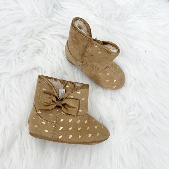 Disney Princess Baby Toddler 4 Faux Suede Fur Lined Booties Bow Detail Gold Prin - Picture 1 of 6